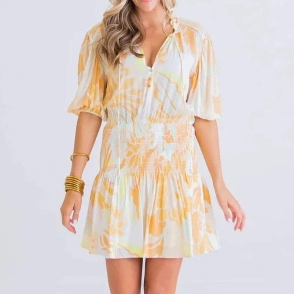 Karlie Women's Sz. M Floral 70's Smocked Waist Mini Dress Orange Yellow Ivory